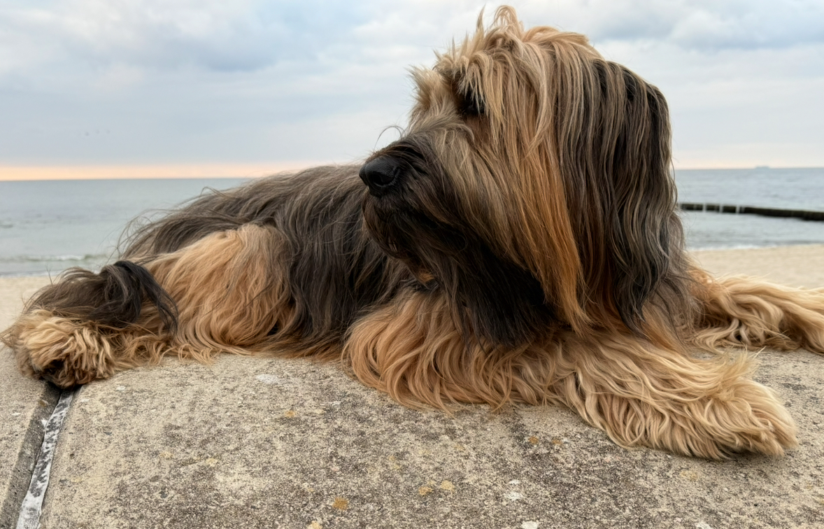 Hund liegt auf einer Strandmauer in der Abendsonne und geniesst - Coaching für Frauen mit Hund