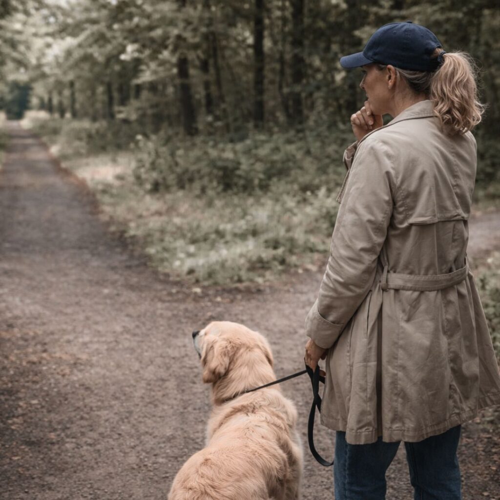Frau mit Hund geht spazieren und ist sichtlich angespannt. Sie überlegt, welchen Weg sie gehen kann, um auf niemanden zu treffen