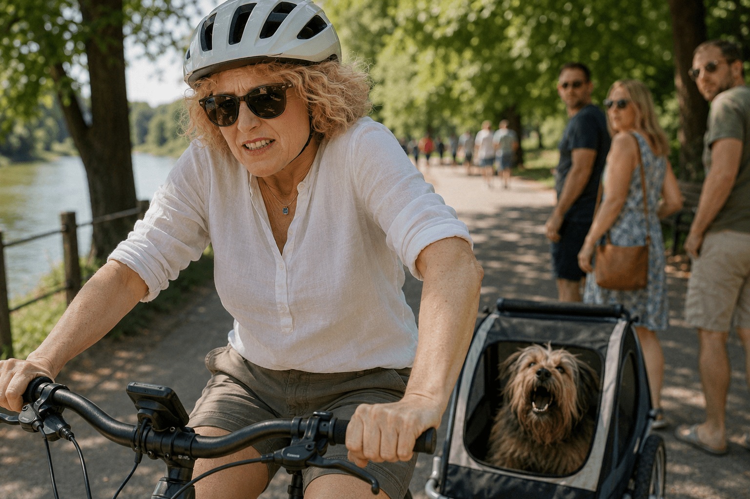 Frau mit Fahrradhelm und Sonnenbrille sitzt auf einem Fahrrad und ist dabei sehr angestregt. Sie zieht einen Fahrradanhänger mit einem bellendem Hund hinter sich her