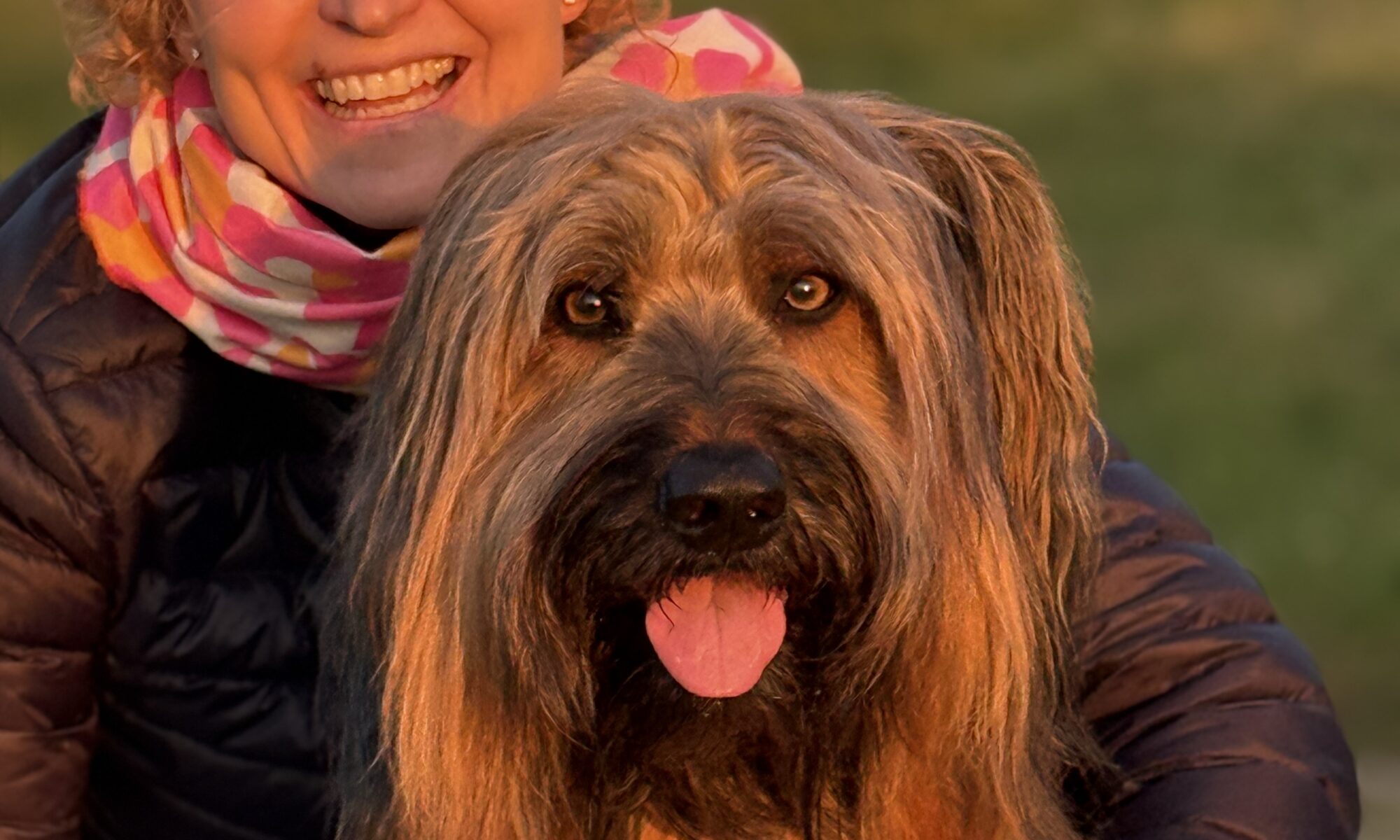 Eine Frau hockt hinter ihrem Hund in der Abendsonne und hat sich das Leben mit Hund genau so vorgestellt.
